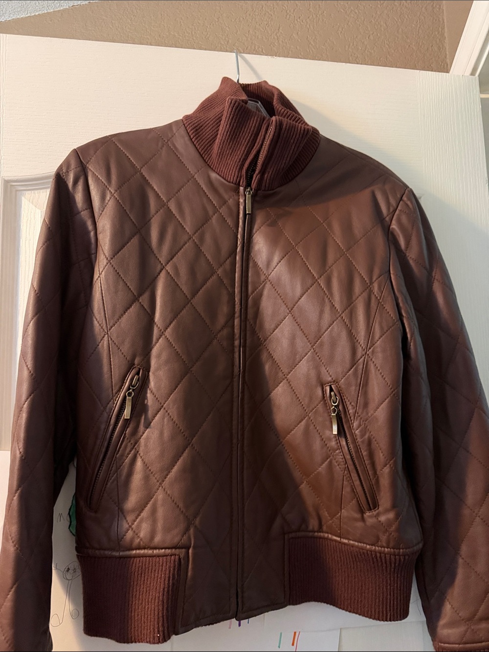Brown Quilted Leather Jacket with Rib Collar